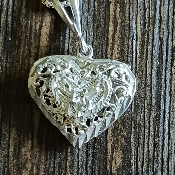 Pretty Sterling Silver 925 Filigree Heart Pendant Necklace 18" - Picture 6 of 11